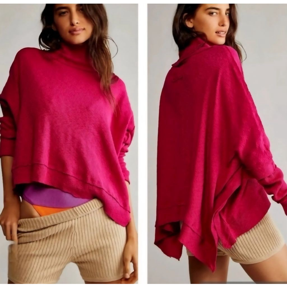 FREE PEOPLE Pink Moon Daisey Thermal‎ Pullover Turtleneck Oversized Top S